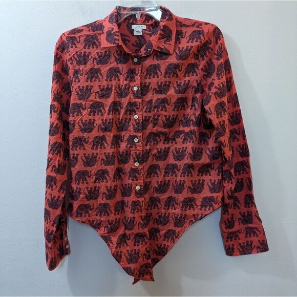 J. Crew Factory Coral Elephant Print Button Down Shirt Front Tie Women's Small - Picture 5 of 9